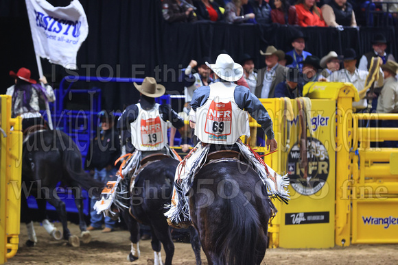 NFR RD Five (848) Bareback Clayton Biglow, on Pickett Pro Rodeo Co 's Night Crawler, and Jayco Roper, on C5 Rodeo's Virgil, 89.5 points