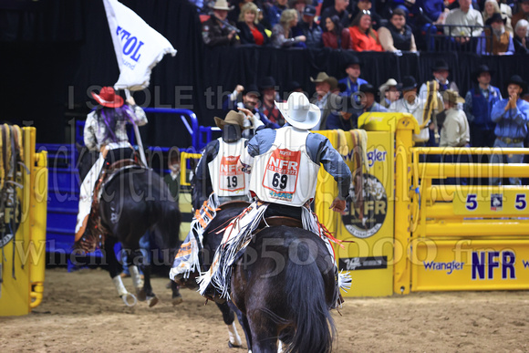 NFR RD Five (847) Bareback Clayton Biglow, on Pickett Pro Rodeo Co 's Night Crawler, and Jayco Roper, on C5 Rodeo's Virgil, 89.5 points