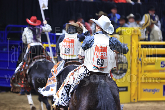 NFR RD Five (845) Bareback Clayton Biglow, on Pickett Pro Rodeo Co 's Night Crawler, and Jayco Roper, on C5 Rodeo's Virgil, 89.5 points