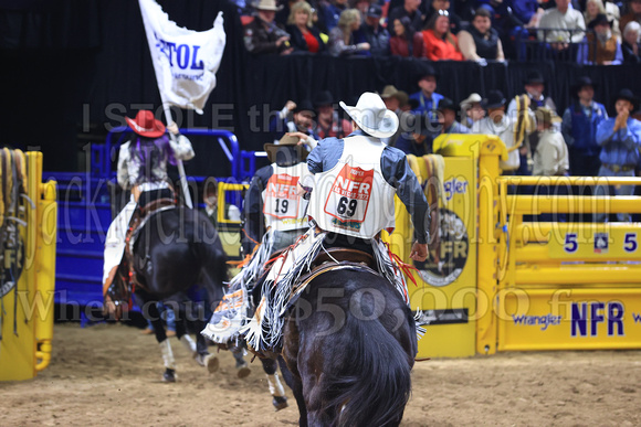 NFR RD Five (846) Bareback Clayton Biglow, on Pickett Pro Rodeo Co 's Night Crawler, and Jayco Roper, on C5 Rodeo's Virgil, 89.5 points