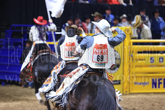 NFR RD Five (844) Bareback Clayton Biglow, on Pickett Pro Rodeo Co 's Night Crawler, and Jayco Roper, on C5 Rodeo's Virgil, 89.5 points