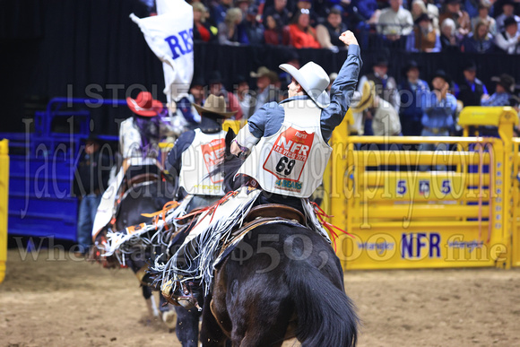 NFR RD Five (842) Bareback Clayton Biglow, on Pickett Pro Rodeo Co 's Night Crawler, and Jayco Roper, on C5 Rodeo's Virgil, 89.5 points