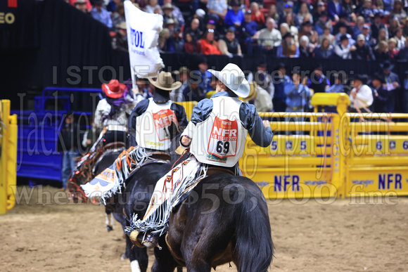 NFR RD Five (841) Bareback Clayton Biglow, on Pickett Pro Rodeo Co 's Night Crawler, and Jayco Roper, on C5 Rodeo's Virgil, 89.5 points