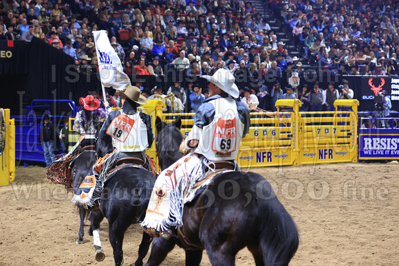 NFR RD Five (839) Bareback Clayton Biglow, on Pickett Pro Rodeo Co 's Night Crawler, and Jayco Roper, on C5 Rodeo's Virgil, 89.5 points