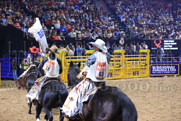 NFR RD Five (838) Bareback Clayton Biglow, on Pickett Pro Rodeo Co 's Night Crawler, and Jayco Roper, on C5 Rodeo's Virgil, 89.5 points