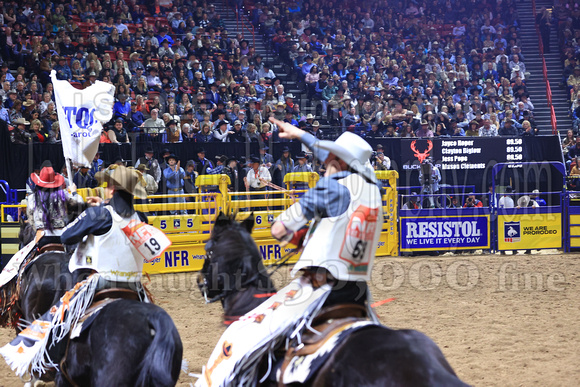 NFR RD Five (837) Bareback Clayton Biglow, on Pickett Pro Rodeo Co 's Night Crawler, and Jayco Roper, on C5 Rodeo's Virgil, 89.5 points