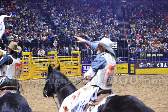 NFR RD Five (835) Bareback Clayton Biglow, on Pickett Pro Rodeo Co 's Night Crawler, and Jayco Roper, on C5 Rodeo's Virgil, 89.5 points