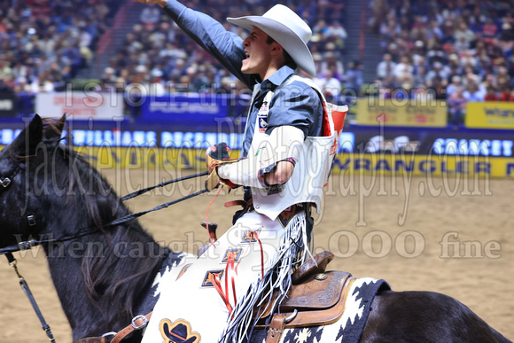 NFR RD Five (834) Bareback Clayton Biglow, on Pickett Pro Rodeo Co 's Night Crawler, and Jayco Roper, on C5 Rodeo's Virgil, 89.5 points