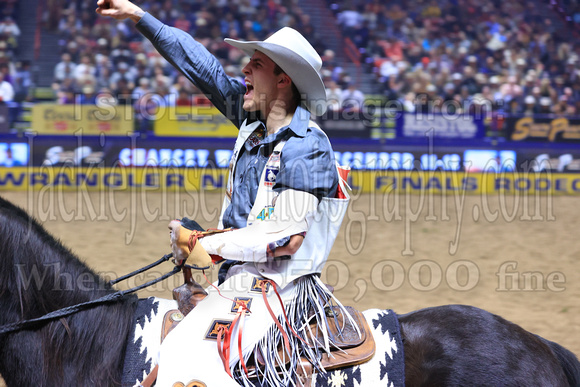 NFR RD Five (832) Bareback Clayton Biglow, on Pickett Pro Rodeo Co 's Night Crawler, and Jayco Roper, on C5 Rodeo's Virgil, 89.5 points