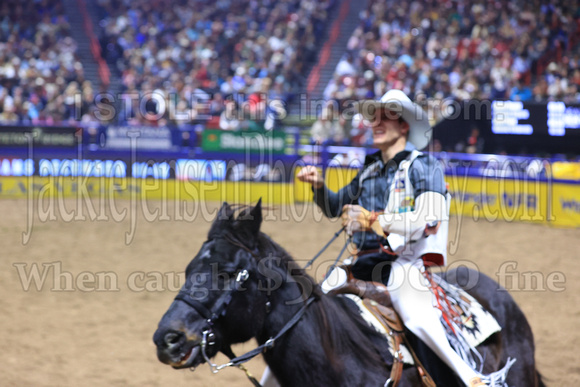 NFR RD Five (828) Bareback Clayton Biglow, on Pickett Pro Rodeo Co 's Night Crawler, and Jayco Roper, on C5 Rodeo's Virgil, 89.5 points