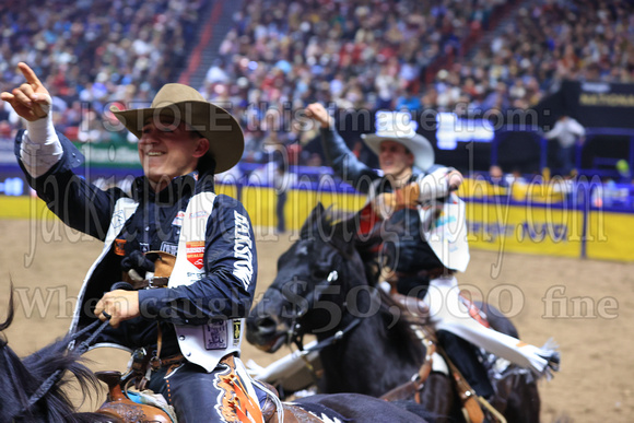 NFR RD Five (826) Bareback Clayton Biglow, on Pickett Pro Rodeo Co 's Night Crawler, and Jayco Roper, on C5 Rodeo's Virgil, 89.5 points