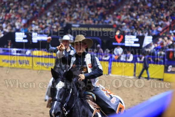 NFR RD Five (825) Bareback Clayton Biglow, on Pickett Pro Rodeo Co 's Night Crawler, and Jayco Roper, on C5 Rodeo's Virgil, 89.5 points