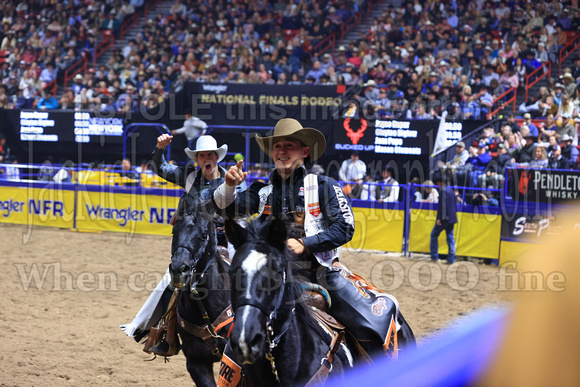 NFR RD Five (824) Bareback Clayton Biglow, on Pickett Pro Rodeo Co 's Night Crawler, and Jayco Roper, on C5 Rodeo's Virgil, 89.5 points