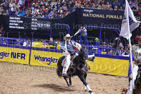 NFR RD Five (819) Bareback Clayton Biglow, on Pickett Pro Rodeo Co 's Night Crawler, and Jayco Roper, on C5 Rodeo's Virgil, 89.5 points