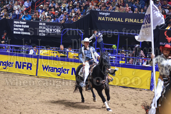 NFR RD Five (820) Bareback Clayton Biglow, on Pickett Pro Rodeo Co 's Night Crawler, and Jayco Roper, on C5 Rodeo's Virgil, 89.5 points