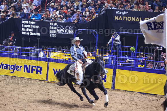 NFR RD Five (818) Bareback Clayton Biglow, on Pickett Pro Rodeo Co 's Night Crawler, and Jayco Roper, on C5 Rodeo's Virgil, 89.5 points