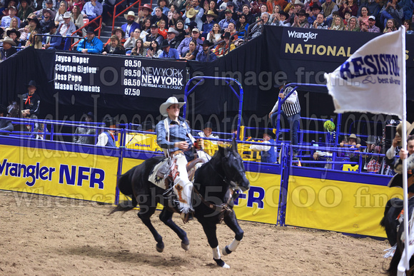 NFR RD Five (817) Bareback Clayton Biglow, on Pickett Pro Rodeo Co 's Night Crawler, and Jayco Roper, on C5 Rodeo's Virgil, 89.5 points