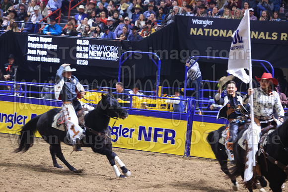 NFR RD Five (816) Bareback Clayton Biglow, on Pickett Pro Rodeo Co 's Night Crawler, and Jayco Roper, on C5 Rodeo's Virgil, 89.5 points