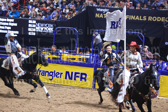 NFR RD Five (815) Bareback Clayton Biglow, on Pickett Pro Rodeo Co 's Night Crawler, and Jayco Roper, on C5 Rodeo's Virgil, 89.5 points