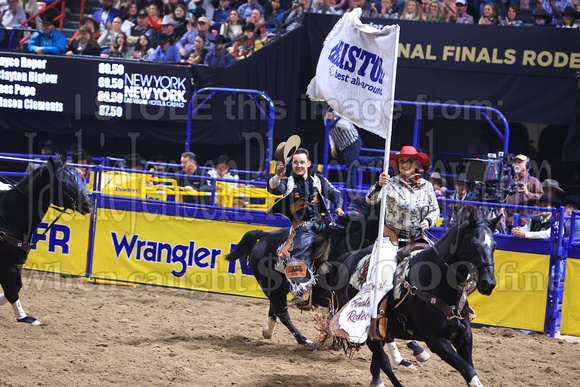 NFR RD Five (814) Bareback Clayton Biglow, on Pickett Pro Rodeo Co 's Night Crawler, and Jayco Roper, on C5 Rodeo's Virgil, 89.5 points