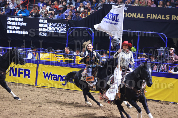 NFR RD Five (813) Bareback Clayton Biglow, on Pickett Pro Rodeo Co 's Night Crawler, and Jayco Roper, on C5 Rodeo's Virgil, 89.5 points