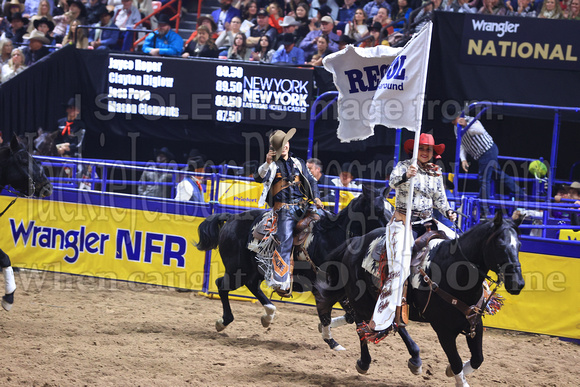 NFR RD Five (812) Bareback Clayton Biglow, on Pickett Pro Rodeo Co 's Night Crawler, and Jayco Roper, on C5 Rodeo's Virgil, 89.5 points