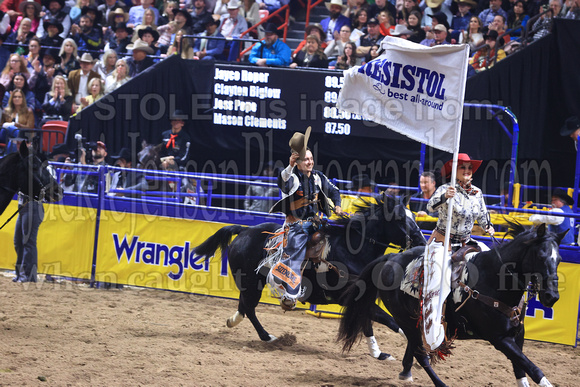 NFR RD Five (811) Bareback Clayton Biglow, on Pickett Pro Rodeo Co 's Night Crawler, and Jayco Roper, on C5 Rodeo's Virgil, 89.5 points