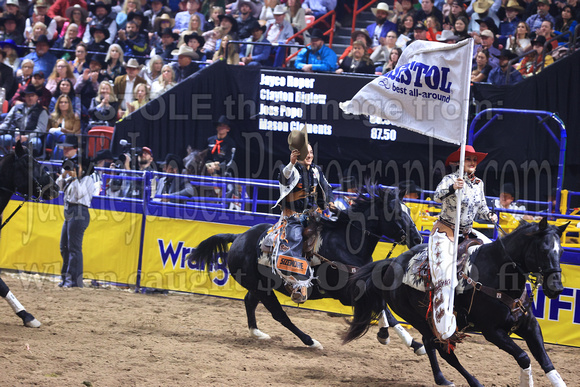 NFR RD Five (810) Bareback Clayton Biglow, on Pickett Pro Rodeo Co 's Night Crawler, and Jayco Roper, on C5 Rodeo's Virgil, 89.5 points