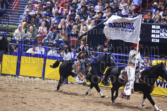 NFR RD Five (809) Bareback Clayton Biglow, on Pickett Pro Rodeo Co 's Night Crawler, and Jayco Roper, on C5 Rodeo's Virgil, 89.5 points