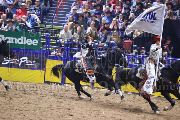 NFR RD Five (808) Bareback Clayton Biglow, on Pickett Pro Rodeo Co 's Night Crawler, and Jayco Roper, on C5 Rodeo's Virgil, 89.5 points