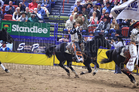 NFR RD Five (807) Bareback Clayton Biglow, on Pickett Pro Rodeo Co 's Night Crawler, and Jayco Roper, on C5 Rodeo's Virgil, 89.5 points