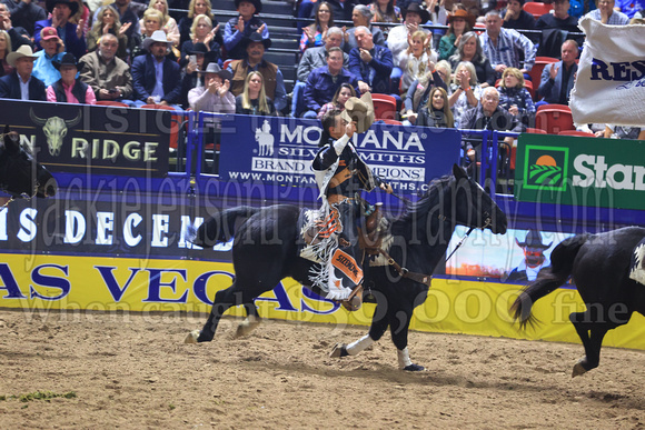 NFR RD Five (806) Bareback Clayton Biglow, on Pickett Pro Rodeo Co 's Night Crawler, and Jayco Roper, on C5 Rodeo's Virgil, 89.5 points