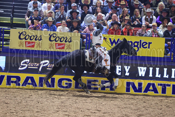 NFR RD Five (805) Bareback Clayton Biglow, on Pickett Pro Rodeo Co 's Night Crawler, and Jayco Roper, on C5 Rodeo's Virgil, 89.5 points