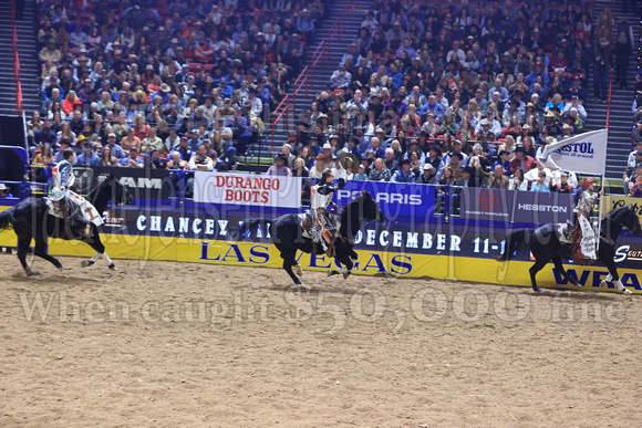 NFR RD Five (802) Bareback Clayton Biglow, on Pickett Pro Rodeo Co 's Night Crawler, and Jayco Roper, on C5 Rodeo's Virgil, 89.5 points