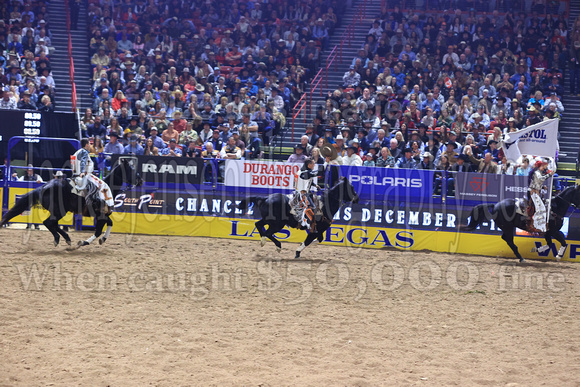 NFR RD Five (801) Bareback Clayton Biglow, on Pickett Pro Rodeo Co 's Night Crawler, and Jayco Roper, on C5 Rodeo's Virgil, 89.5 points