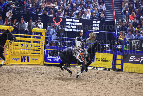 NFR RD Five (798) Bareback Clayton Biglow, on Pickett Pro Rodeo Co 's Night Crawler, and Jayco Roper, on C5 Rodeo's Virgil, 89.5 points