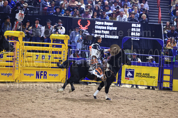 NFR RD Five (797) Bareback Clayton Biglow, on Pickett Pro Rodeo Co 's Night Crawler, and Jayco Roper, on C5 Rodeo's Virgil, 89.5 points