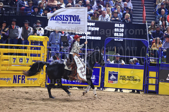 NFR RD Five (795) Bareback Clayton Biglow, on Pickett Pro Rodeo Co 's Night Crawler, and Jayco Roper, on C5 Rodeo's Virgil, 89.5 points