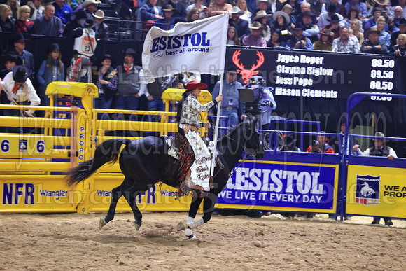 NFR RD Five (794) Bareback Clayton Biglow, on Pickett Pro Rodeo Co 's Night Crawler, and Jayco Roper, on C5 Rodeo's Virgil, 89.5 points