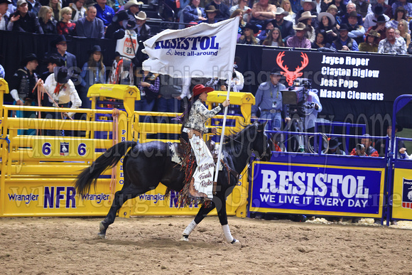 NFR RD Five (793) Bareback Clayton Biglow, on Pickett Pro Rodeo Co 's Night Crawler, and Jayco Roper, on C5 Rodeo's Virgil, 89.5 points