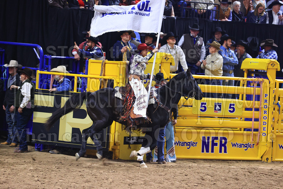 NFR RD Five (792) Bareback Clayton Biglow, on Pickett Pro Rodeo Co 's Night Crawler, and Jayco Roper, on C5 Rodeo's Virgil, 89.5 points