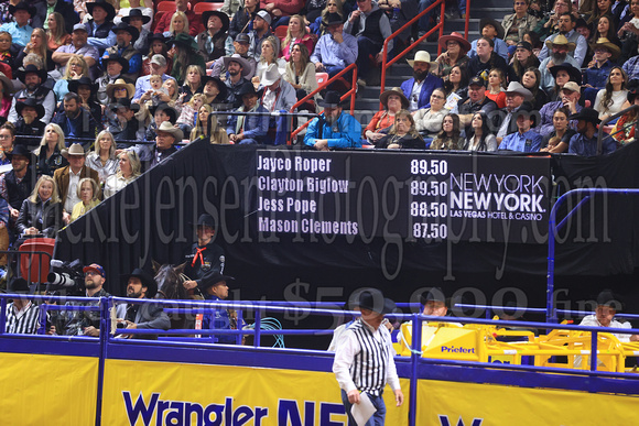 NFR RD Five (791) Bareback Clayton Biglow, on Pickett Pro Rodeo Co 's Night Crawler, and Jayco Roper, on C5 Rodeo's Virgil, 89.5 points