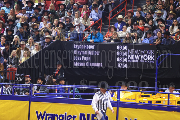 NFR RD Five (790) Bareback Clayton Biglow, on Pickett Pro Rodeo Co 's Night Crawler, and Jayco Roper, on C5 Rodeo's Virgil, 89.5 points