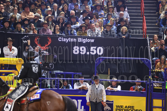 NFR RD Five (709) Bareback Clayton Biglow, on Pickett Pro Rodeo Co 's Night Crawler