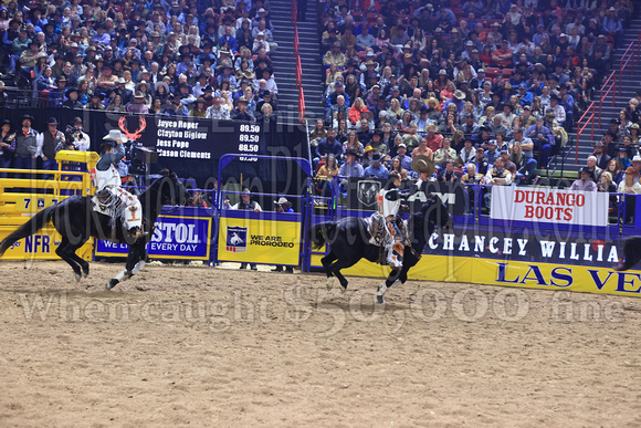 NFR RD Five (799) Bareback Clayton Biglow, on Pickett Pro Rodeo Co 's Night Crawler, and Jayco Roper, on C5 Rodeo's Virgil, 89.5 points