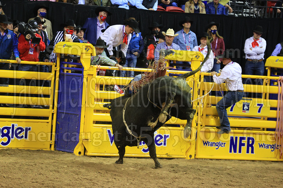 NFR RD ONE (6177) Bull Riding , Dustin Donovan, Rewind, Corey and Lange