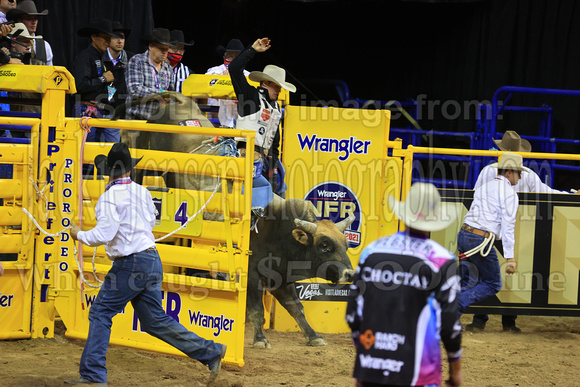 NFR RD ONE (6794) Bull Riding , Clayton Sellers, Reride, American Blood, Rocky Mountain